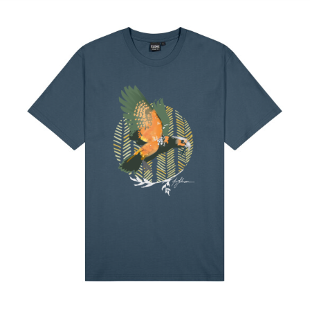 Navy blue t-shirt with a colorful parrot design on a white background