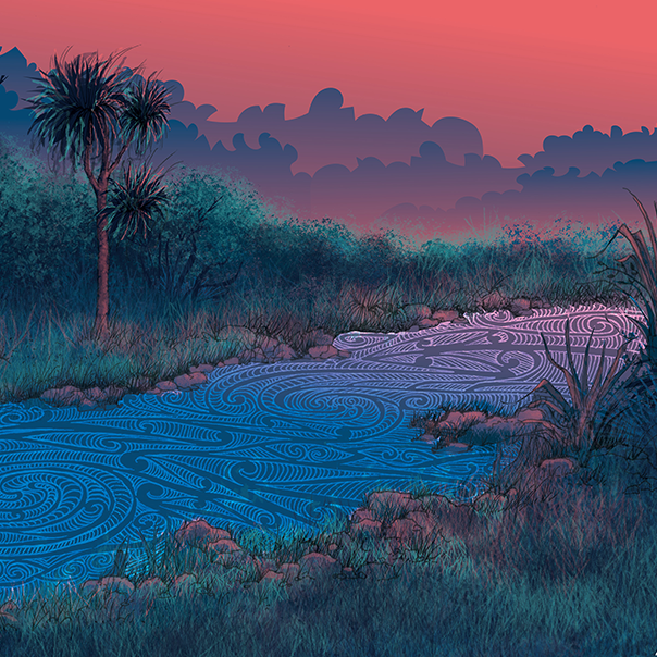 Meditative garden with circular patterns, trees, and a pond at dusk.