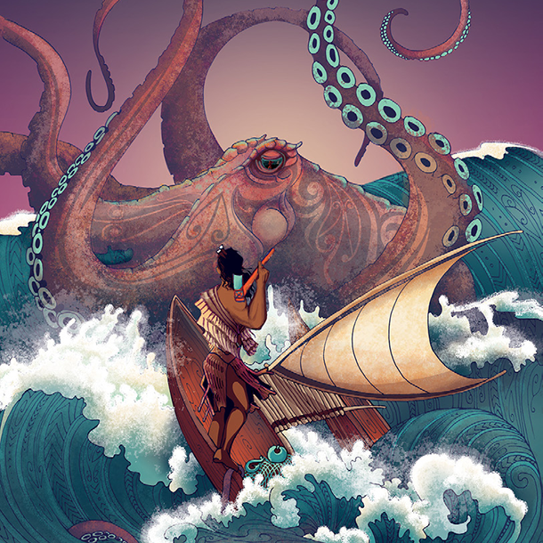 Illustration of a person on a boat being attacked by an octopus in the ocean.