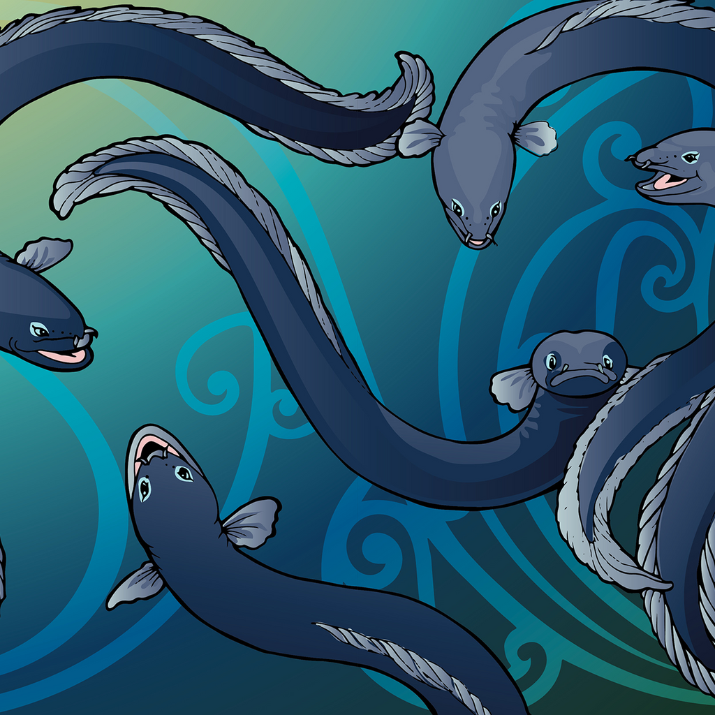Illustration of eels on a blue and green abstract background