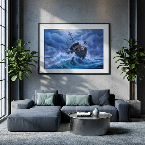 Living room with a large framed artwork of a shipwreck on a wave, gray sofa, and plants.