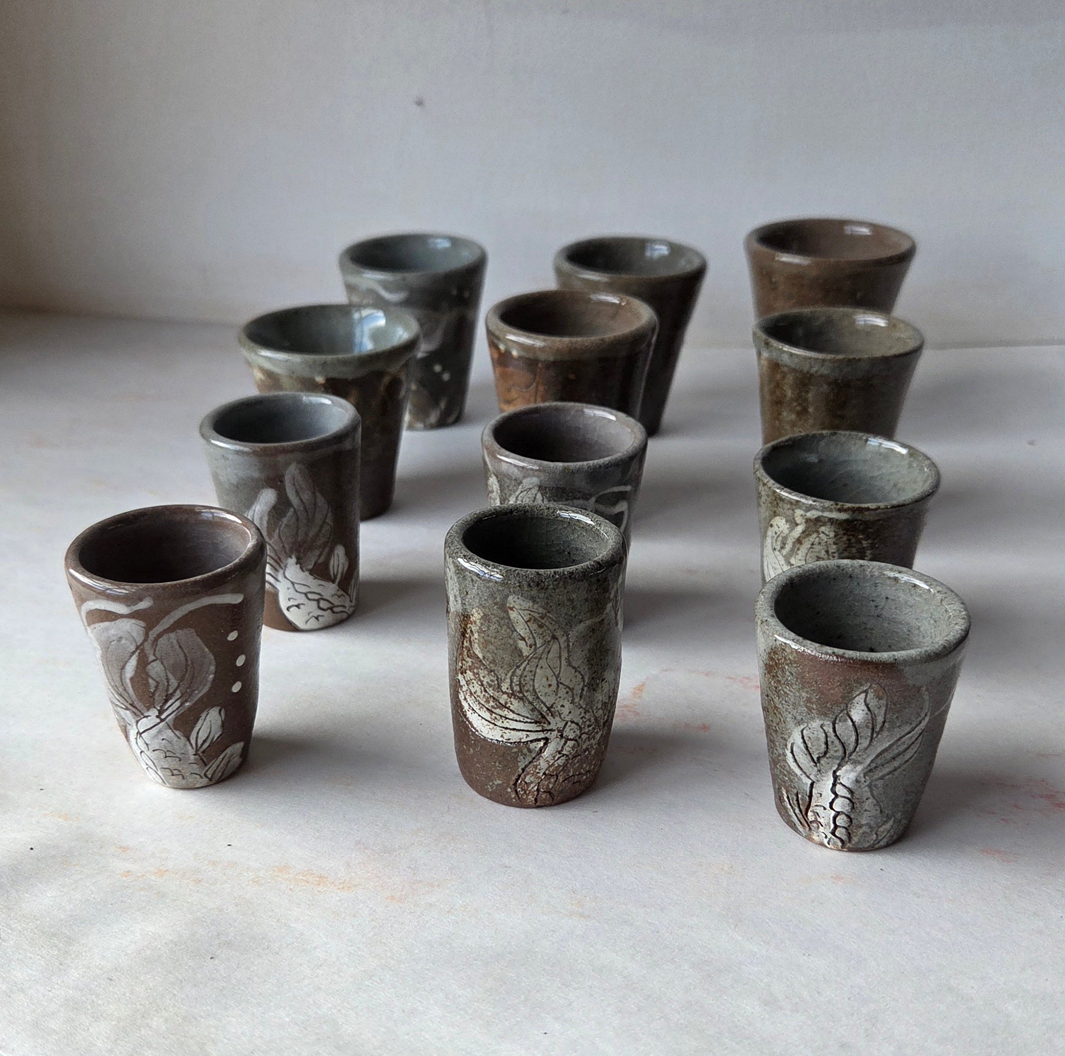 Wood-Fired Ceramic Shot Glasses - Handmade with Sgraffito Design