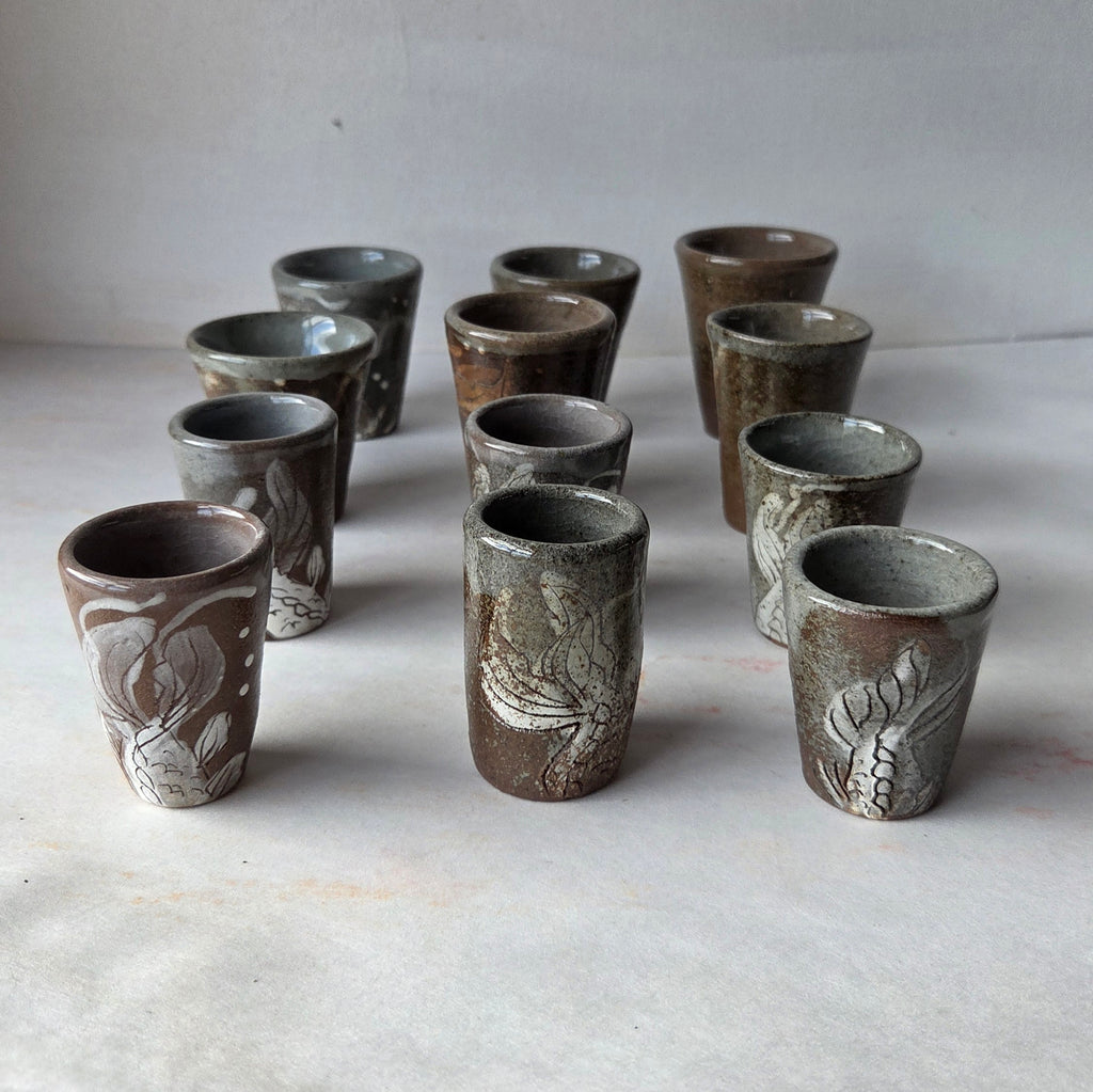 Wood-Fired Ceramic Shot Glasses - Handmade with Sgraffito Design
