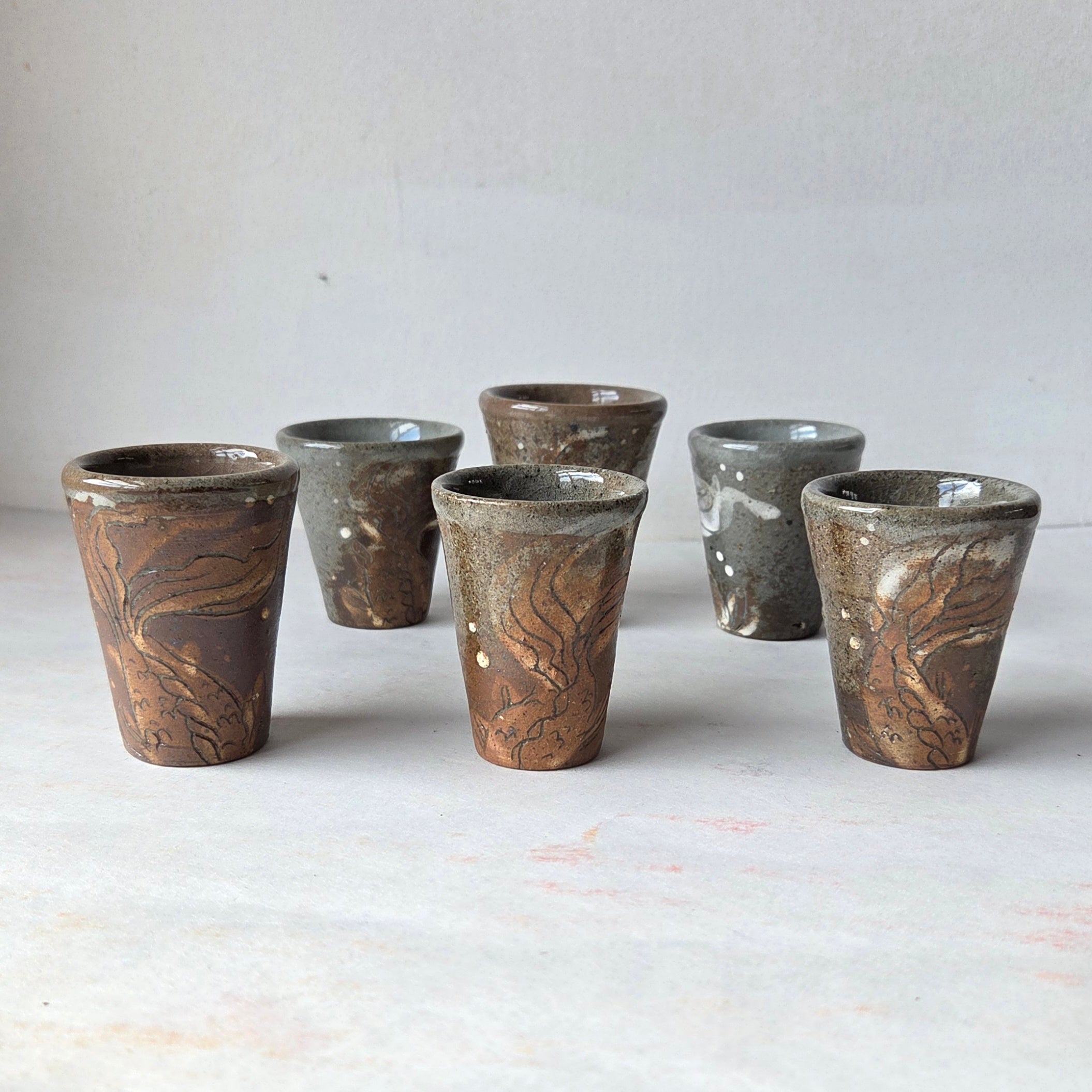 Wood-Fired Ceramic Shot Glasses - Handmade with Sgraffito Design