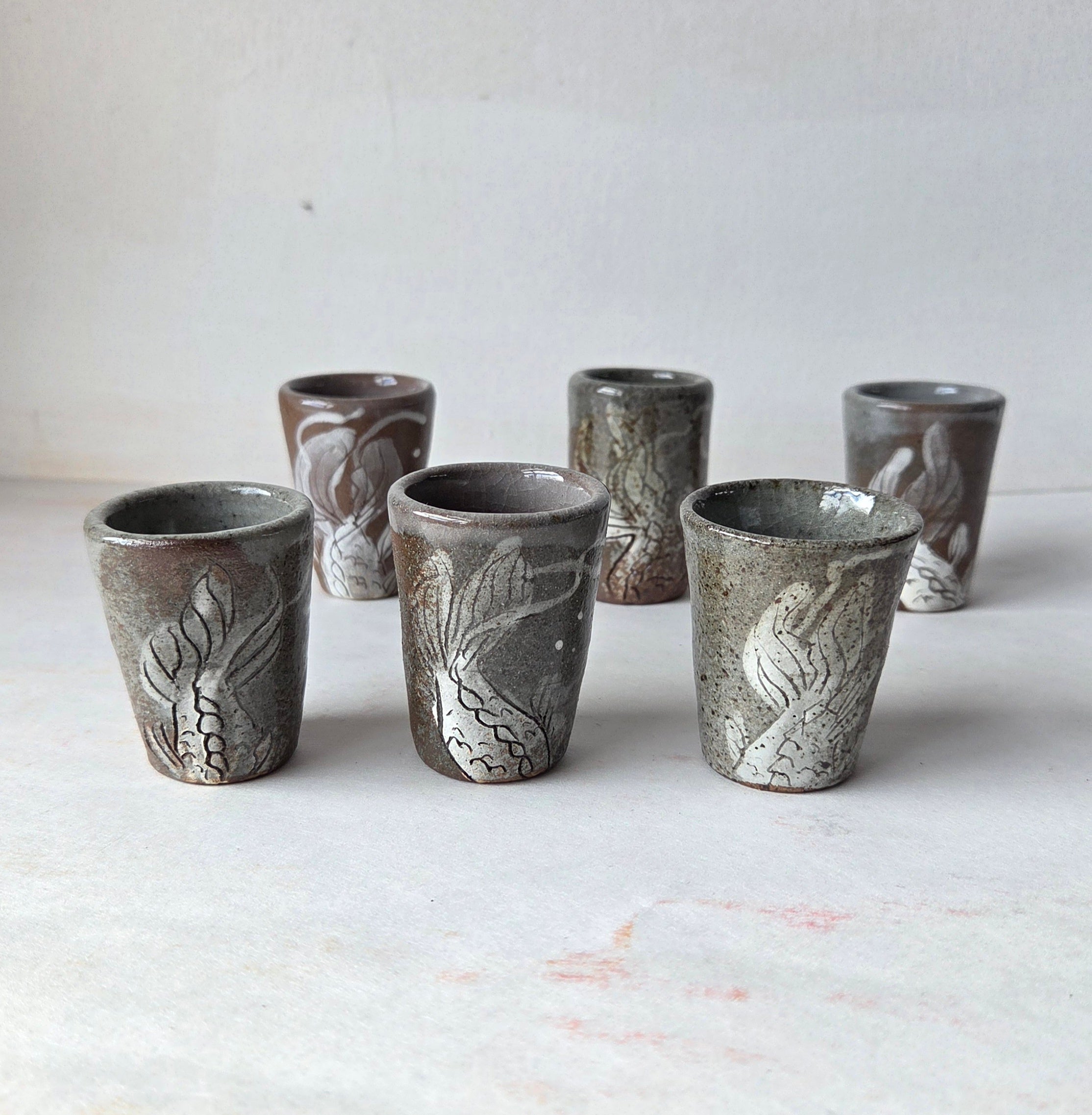 Wood-Fired Ceramic Shot Glasses - Handmade with Sgraffito Design