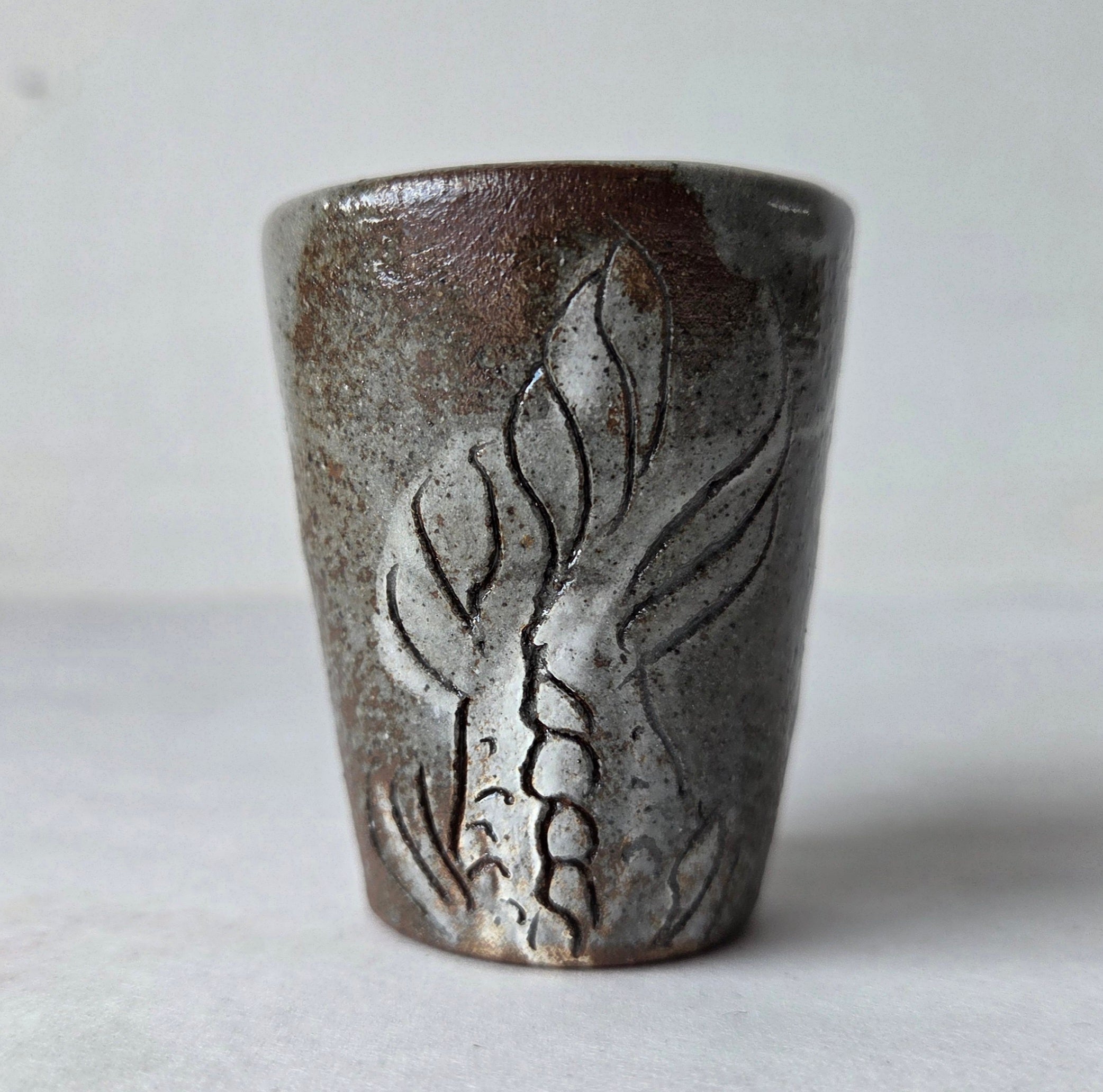 Wood-Fired Ceramic Shot Glasses - Handmade with Sgraffito Design