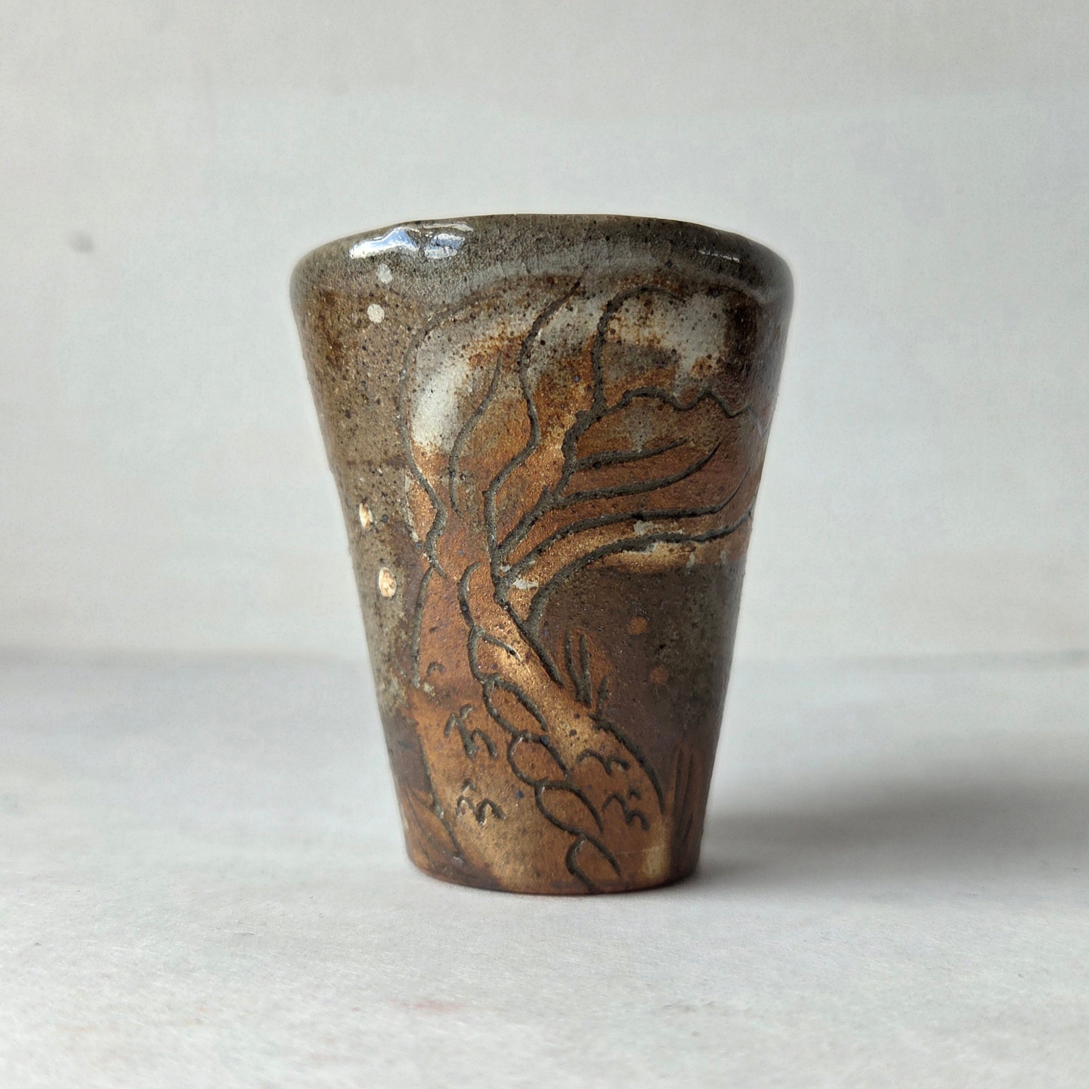 Wood-Fired Ceramic Shot Glasses - Handmade with Sgraffito Design